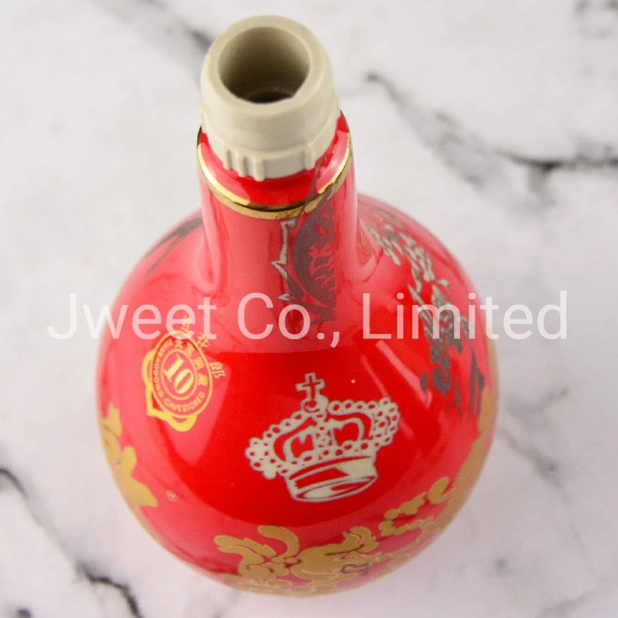 Golden Decal Printing Red Ceramic Empty Liquor Gin Bottle