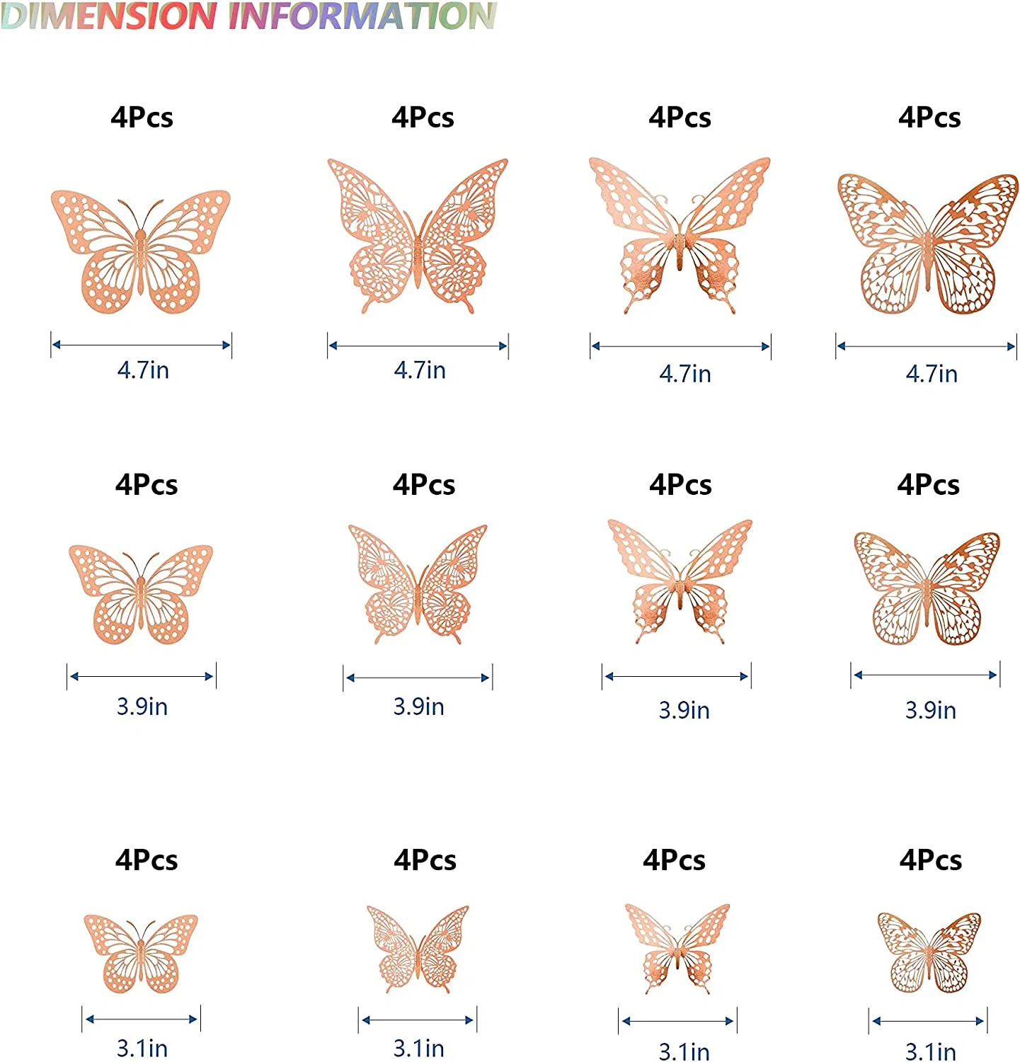 Rose Gold 3D Butterfly Wall Decor 48 PCS 4 Styles 3 Sizes for Baby Show Wedding Home Nursery Classroom Kids Bedroom Bathroom Living Room Decoration