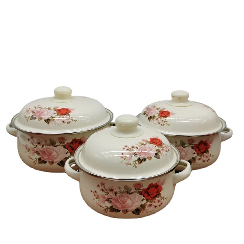 Custom Enamel Casserole 16/18/20/22/2/26cm Enamel Blanco Coating con Flower Decal Comida Pot de sopa de ollas de apila