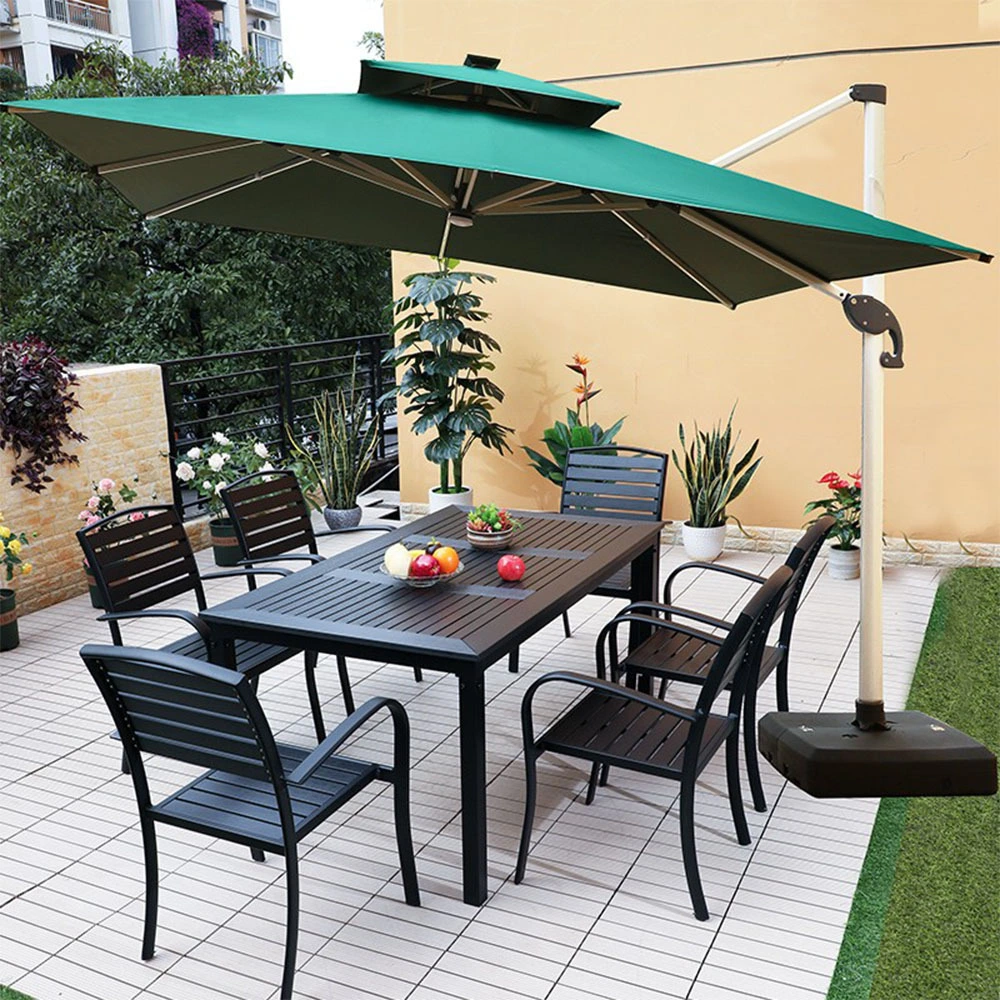 Mesa de madeira plástica externa e cadeira Courtyard Preservative Wood Outdoor Lazer Jantar Table Garden Open Balcony Cafe Table and Chair Combinação