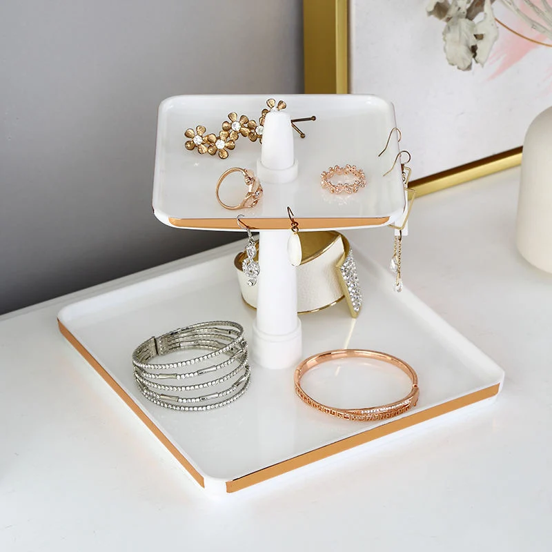 Desktop Detachable Jewelry Accessories Rings Earrings Storage Holder Plastic Rose Gold Marble Jewelry Storage Organizer Tray