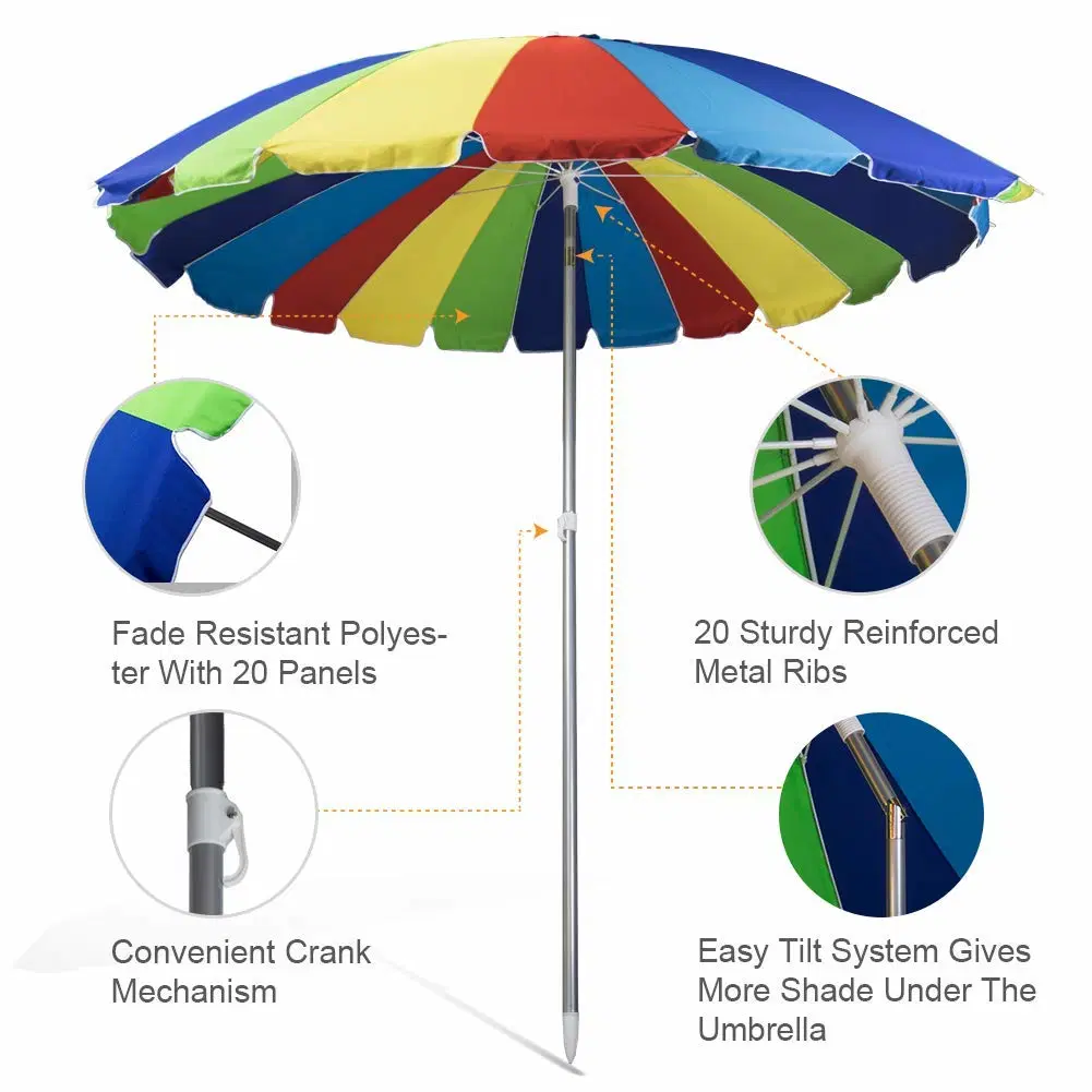 Rainbow Colored 20 Ribs Wind Resist Heavy Duty Beach Umbrella Sunshade Parasol