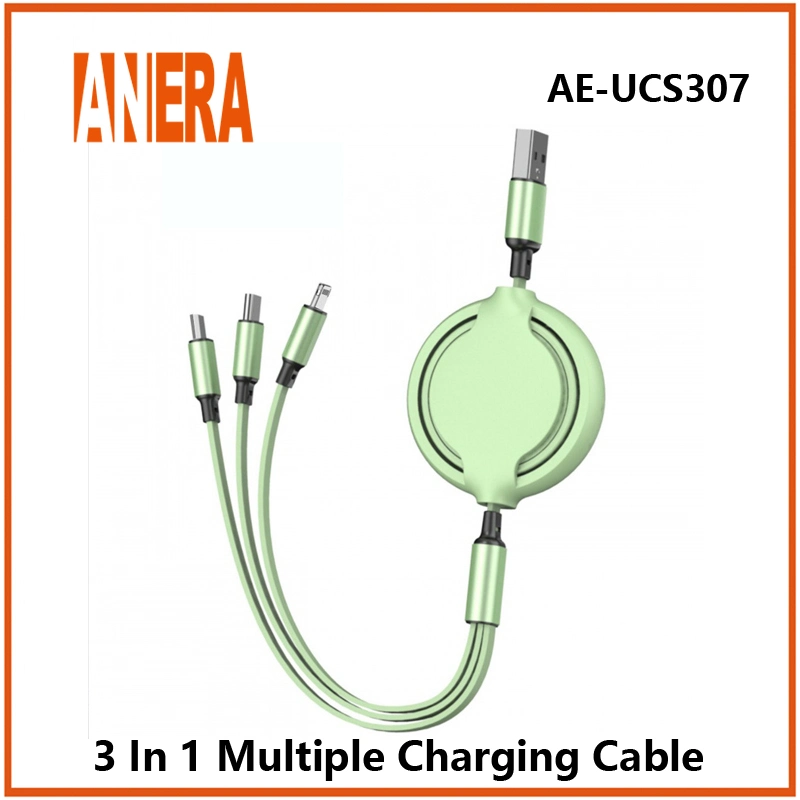 Telescopic Retractable Flexible 3 in 1 Fast Charging Cable USB2.0 to Type-C&Android&Lightning Mobile Phone Cable