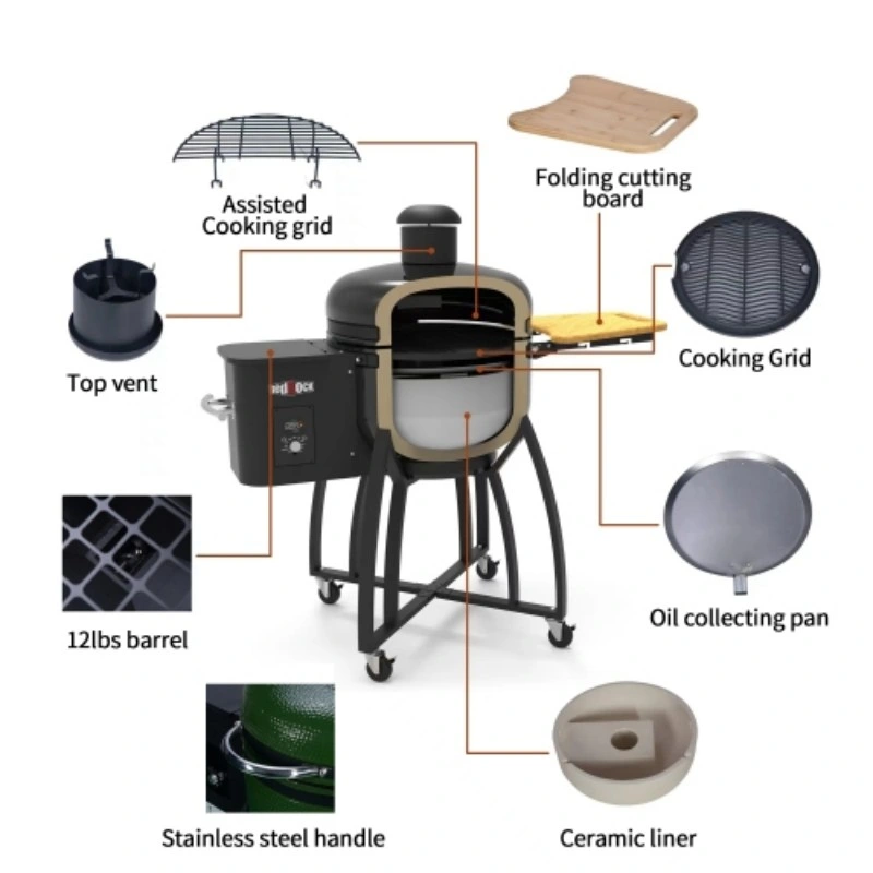 High-End Moveable Ceramic BBQ Kamado Pellet Smoker Grill with Casters