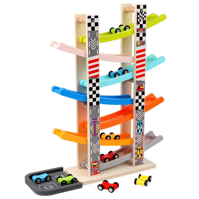 Montessori Educational Parking Wooden 7 Levels Slide Racing Tracking Cars Toy