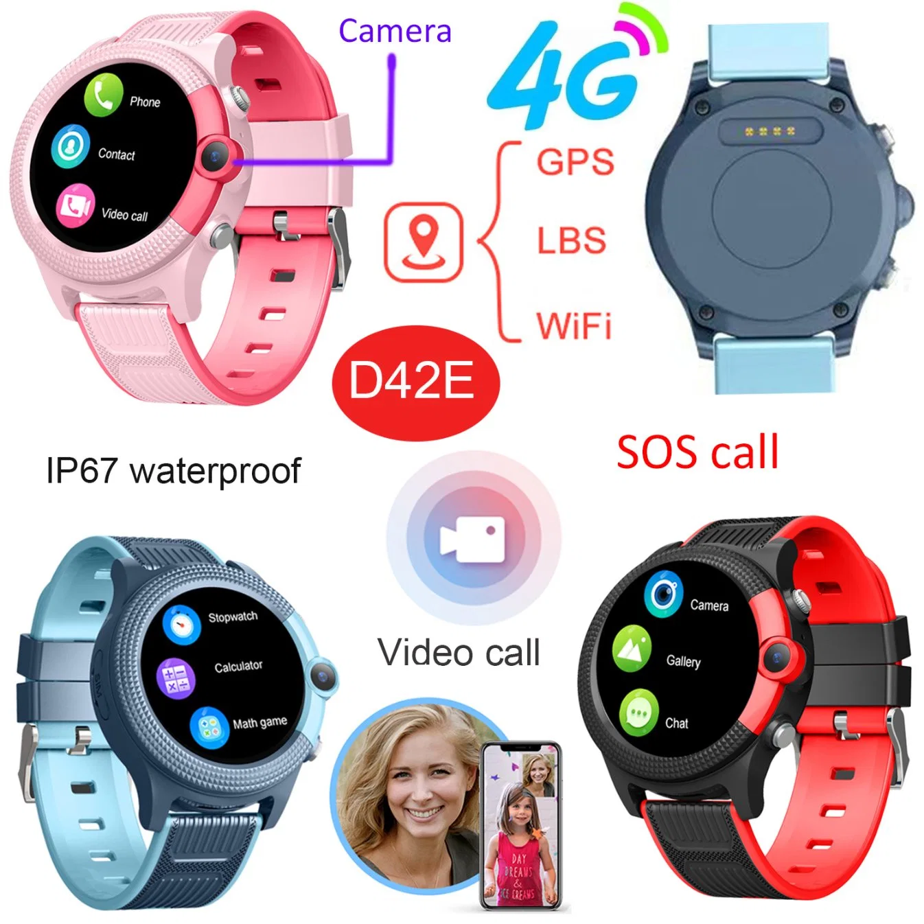 Модный дизайн 4G водонепроницаемый IP67 Мобильные часы GPS Smart Watch С видеозвонком для личной безопасности D42E