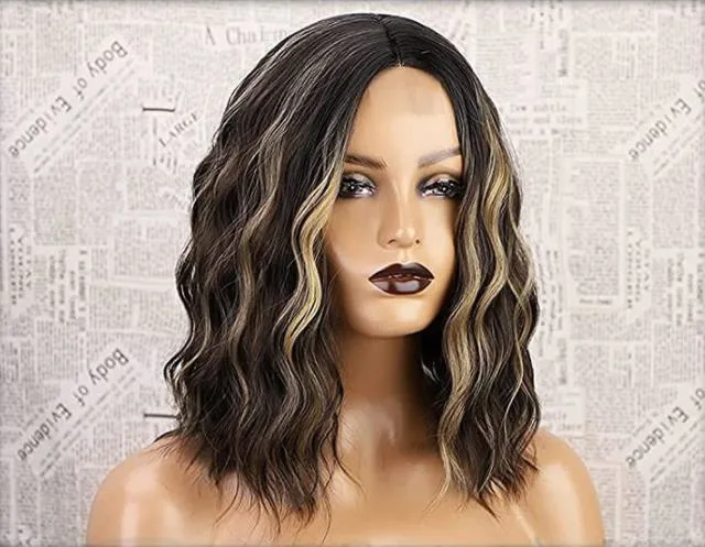 Highlight Body Wave Wigs Omber Black Brown Blonde Synthetic Wig Hairline Heat Resistant Short Wavy Wigs for Black Women Cosplay Hair Wig