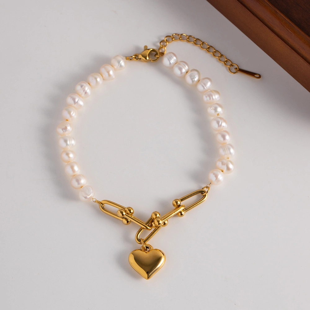 Fashion 18K Gold Plated Stainless Steel U Shaped Horseshoe Chain Link Pearl Heart Charm Bangles Bracelets Jewelry for Women