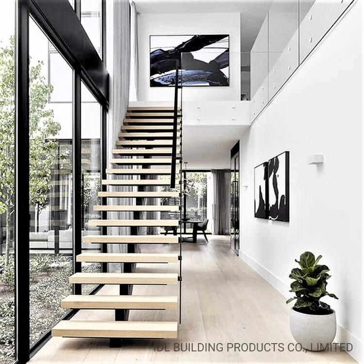 Easy Install Galvanized Steel Staircase Single Mono Stringer Stairs Interior Straight Stair with LED Wood Tread Glass Wall Panel Balustrade