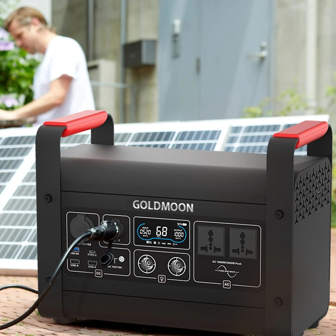 Goldmoon Rental Estación de Banco de Energía Solar portátil con batería de litio de respaldo 960wh, 220V/1000W Pure Sine Wave AC Outlet