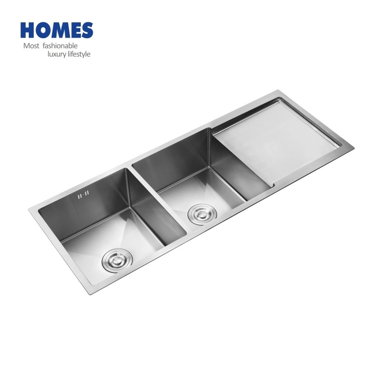 Stainless Steel Double Bowls Kitchen Sink with Drainboard, Accessories Optional Strainers, Cutting Board, Soap Dispenser, Faucet, Drain-Pipe