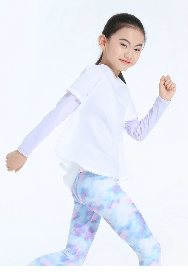 New Children&prime; S Yoga Clothing Long-Sleeved Double-Layer Light Weight Breathable Sunscreen 2 in 1 T Shirt Girls Quick-Drying Sportswear