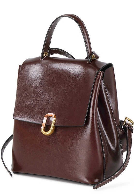 Women Laptop Corporate Leather Bag Daypack Retro Simple Style Coffee Small Backpack Purse with Waxed Leather Flap Rssx-8362