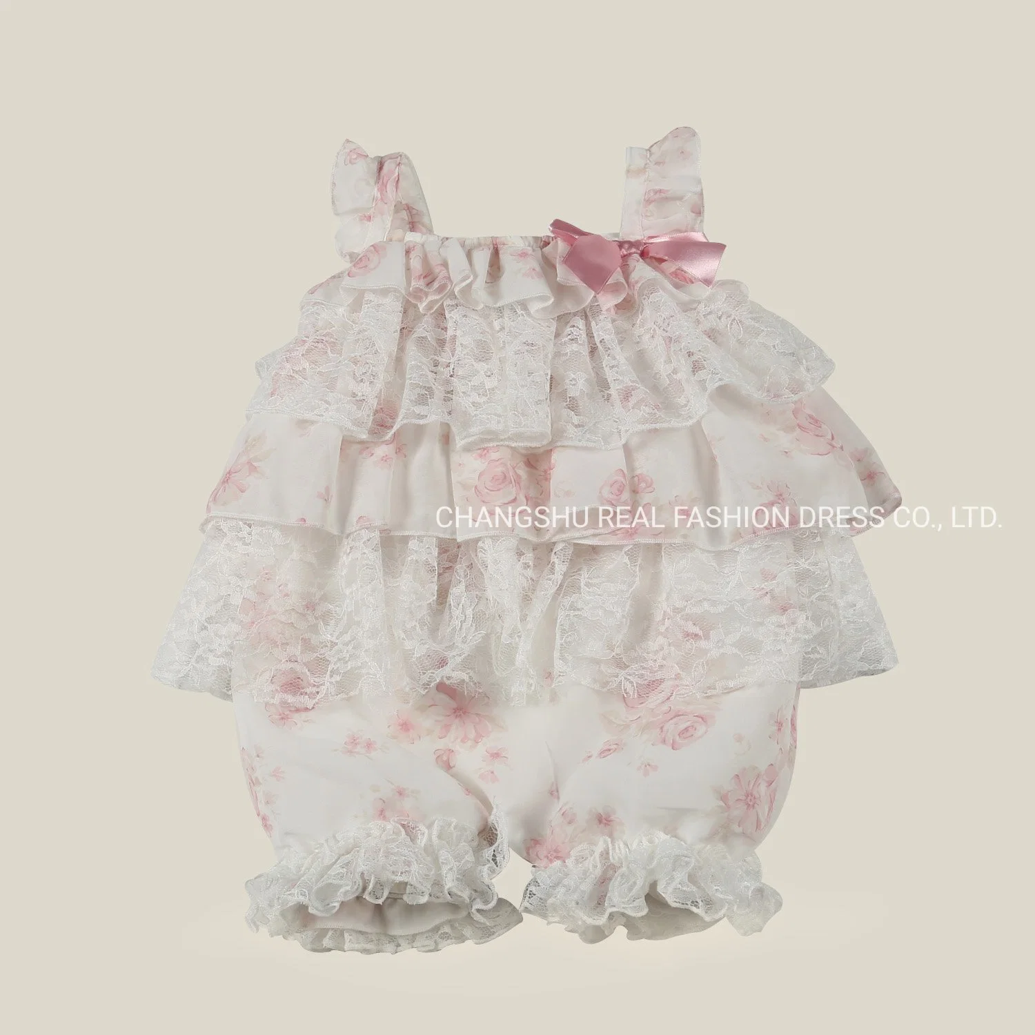 Girl Baby Ivory Fabric Pink Print Romper Clothes with Lace Ruffle and Netting Shoulder Straps