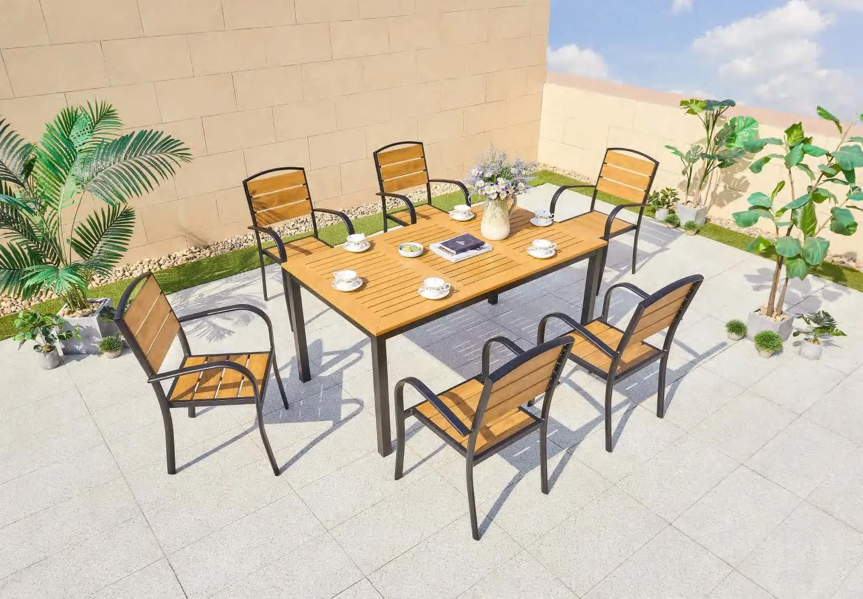 Outdoor Plastic Wood Table and Chair Household Table and Chair Balcony Courtyard Leisure Iron Art Tea Table Coffee Shop to Negotiate Furniture Combination