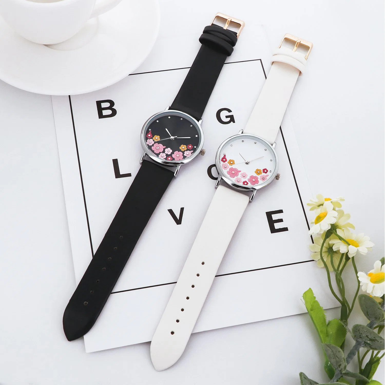 Colorful Flower Dial Women Watch with Leather Strap