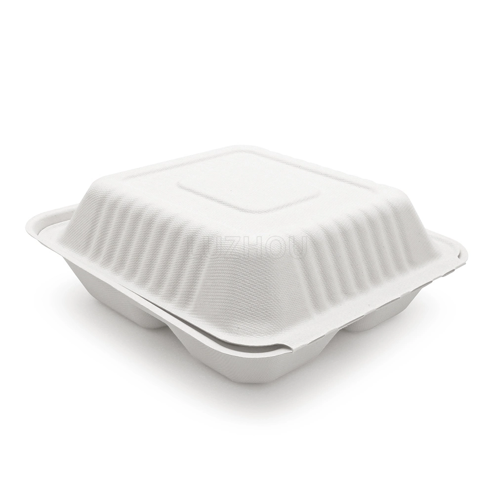 221*202*76mm 1000ml 8'' 3-Compartment Food Container Biodegradable Compostable Disposable Sugarcane Bagasse Pulp Lunch Box