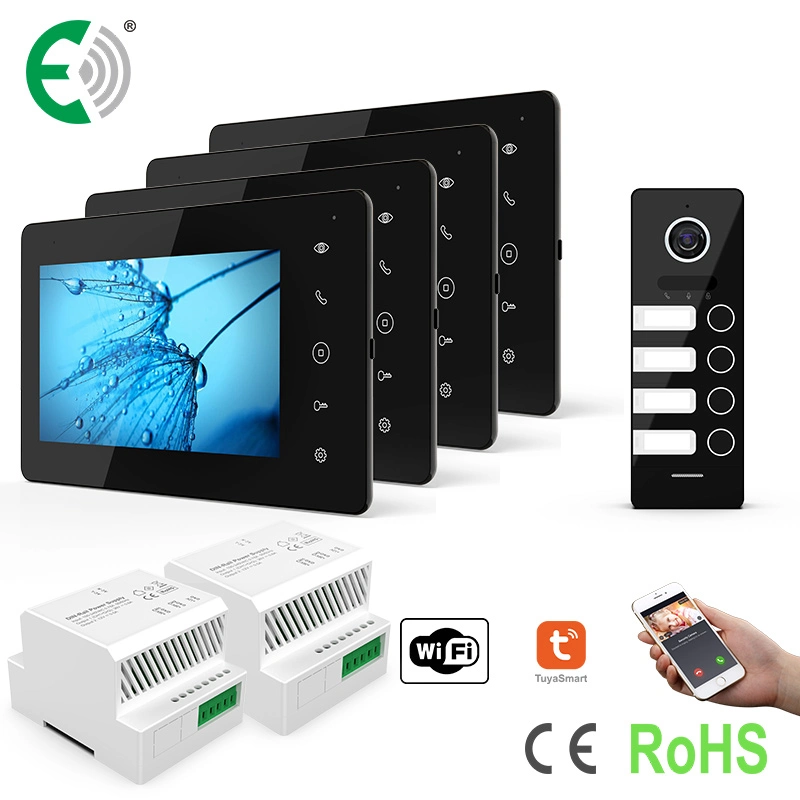 2-Wire Smart Home Security Small Apartment Intercom Video Doorphone System with Power Supply for 4 Families