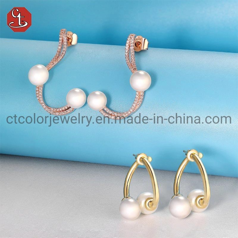 Fashion Customized Imitation  925 Sterling Silver 18K Gold Plated Fresh Water Pearl Earrings