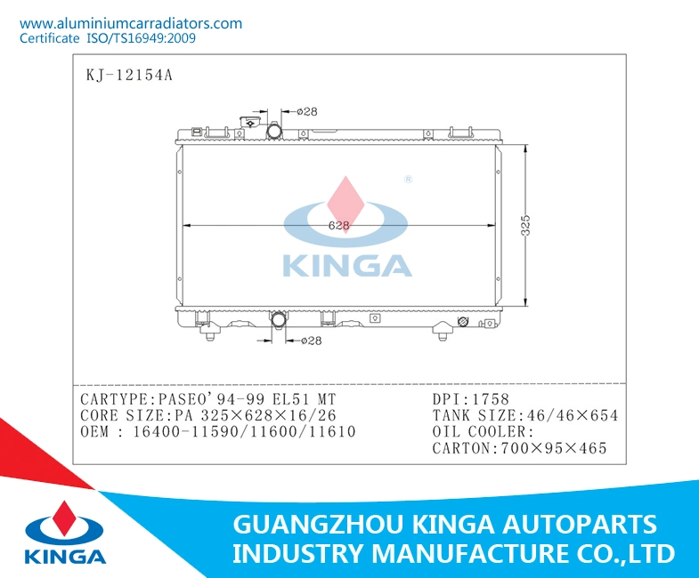 Radiador Auto China Fornecedor do Sistema de Arrefecimento eficiente para a Toyota Paseo 95-97 EL54 MT