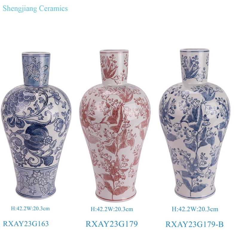 Modern Style Red Long Neck Leaf Pattern Chinese Blue and White Ceramic Flower in Vase