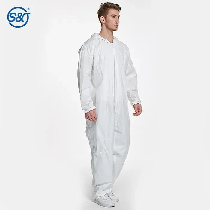 SJ Microporous desechables monos de alta calidad transpirable Hooded Zip apertura Mono protector con puños elásticos