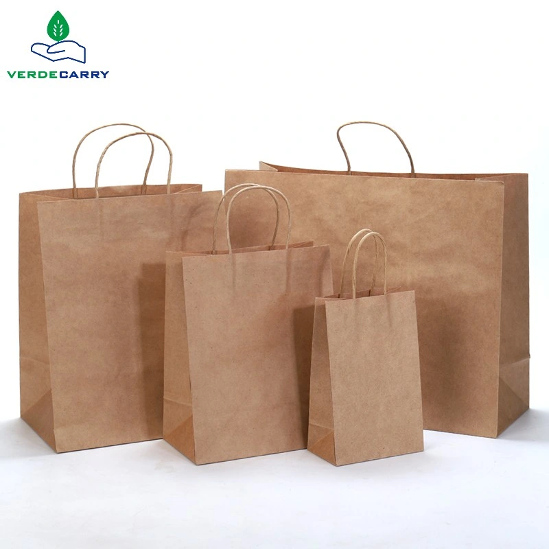 Poignées en papier torsadé sur mesure Takeout brun Takeaway Fast Food Sac en papier Kraft pour l'emballage de restaurant, pour l'artisanat d'achat imprimé personnalisé Sacs en papier