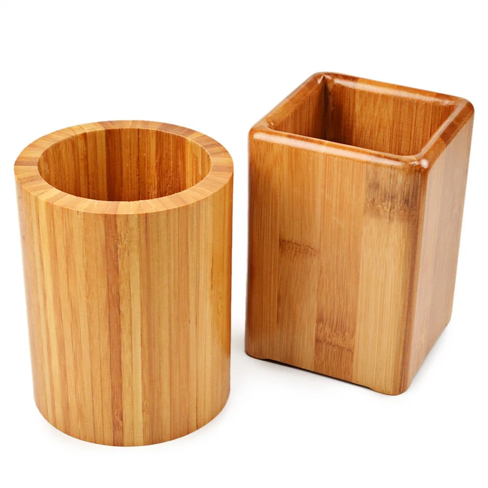 2 Pack Bamboo Pen & Pencil Holder Desk Organizer, Office Desk Accessories, Pencil Cup Holder Pen Stand of Desktop Organizer (Round and Square)