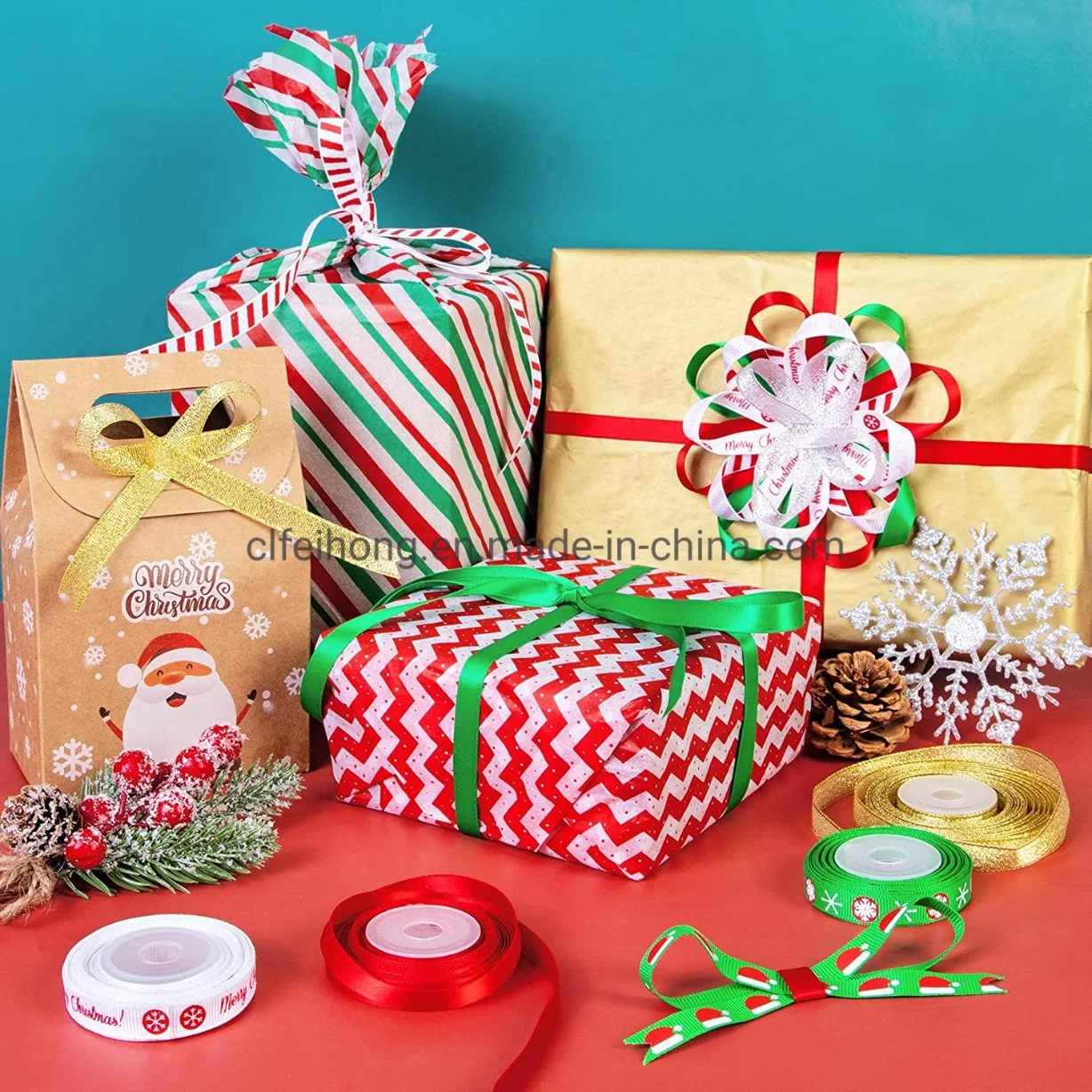 المصنع السعر بالجملة الشريط اللامع طباعة فوركسمس [كريكتّرسّ] عيد ميلاد المسيح زخرفة هدية صندوق تغليف يلفّ لون أحمر اللون الأخضر