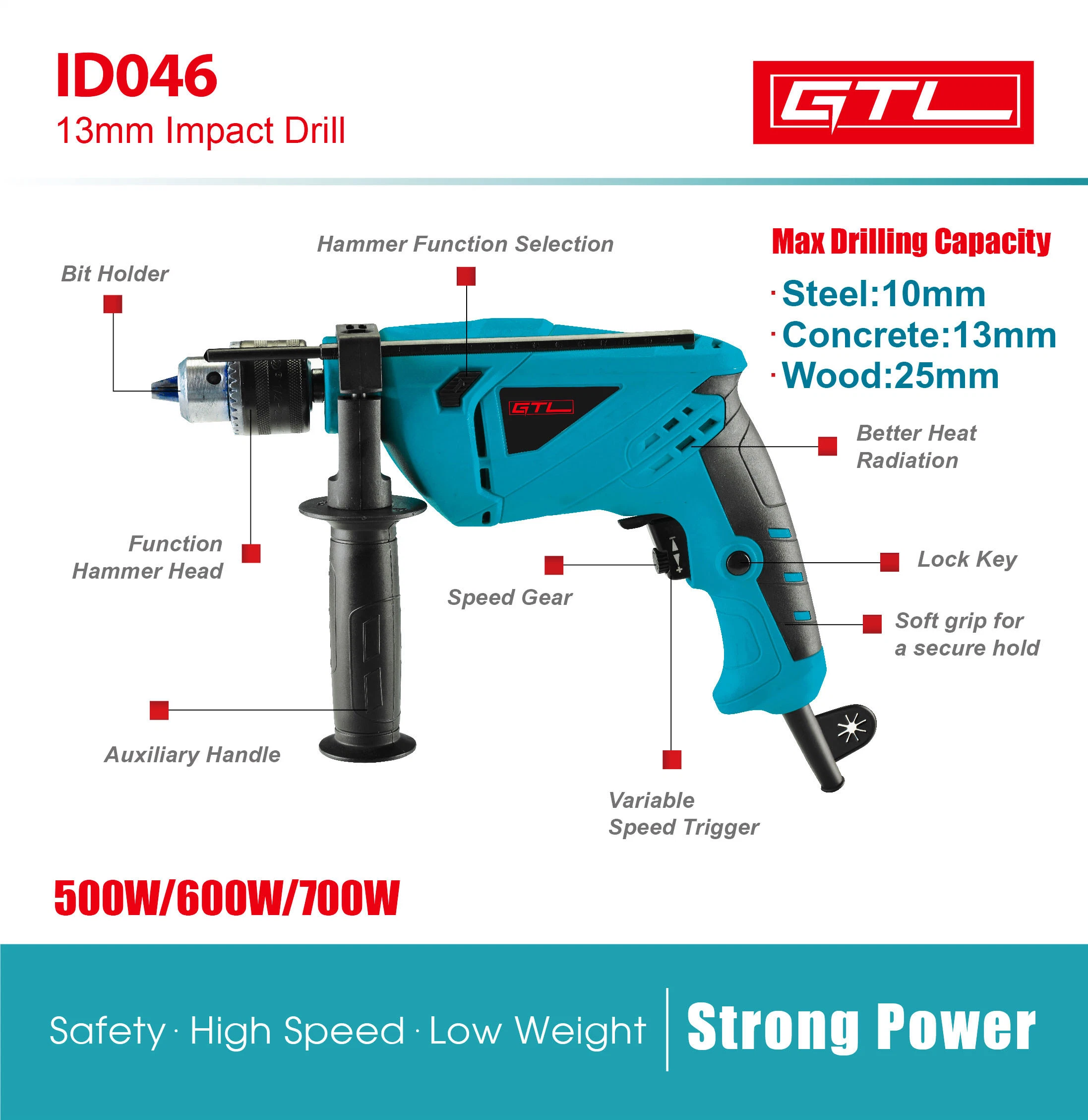 Taladro de impacto Power Tools, taladro eléctrico manual con mango giratorio de 360°, taladro de impacto Power Tool 500W/600W/710W 13mm (ID046)