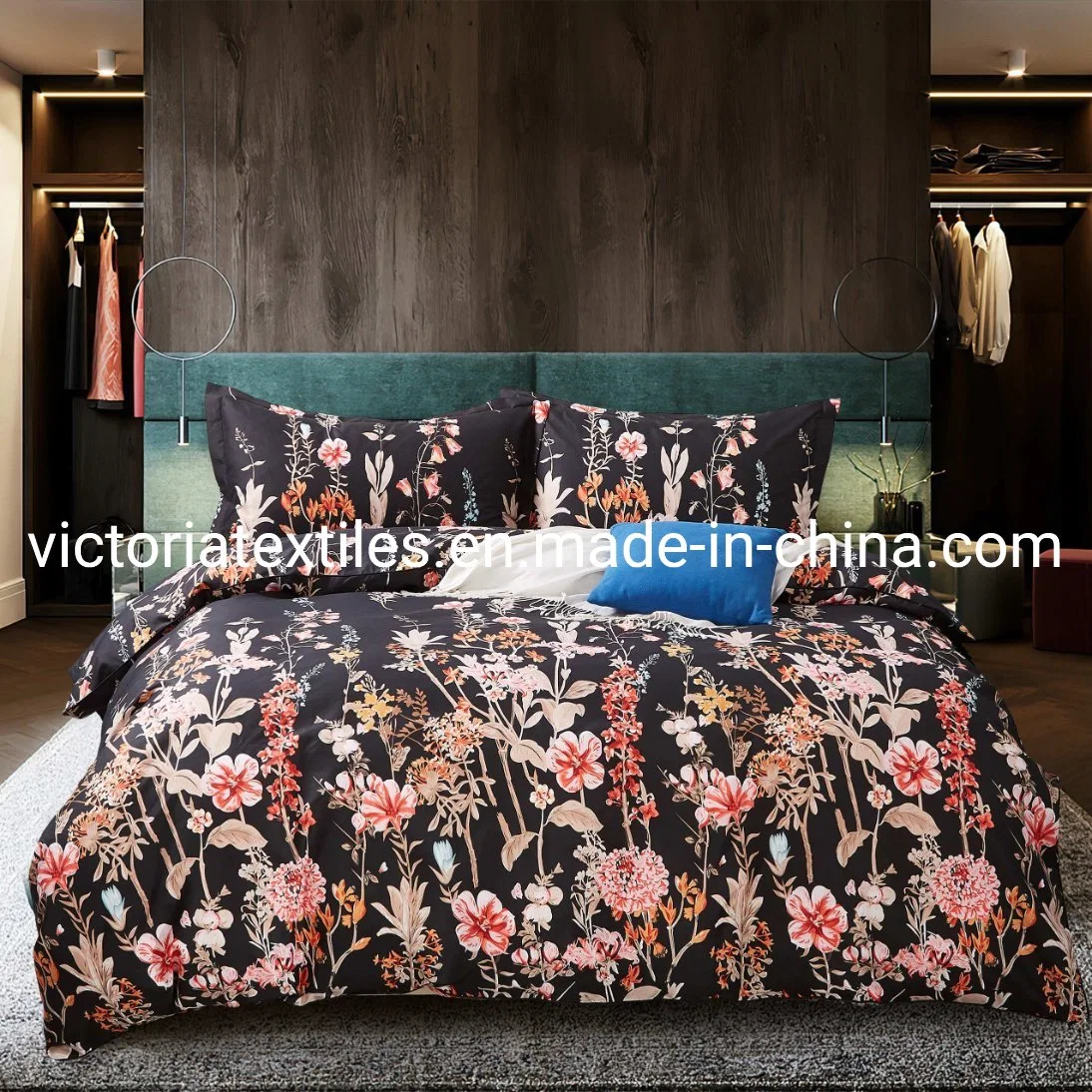 Floral Printed Black Background 1000tc Microfiber Bed in a Bag Bedding Sheet Set