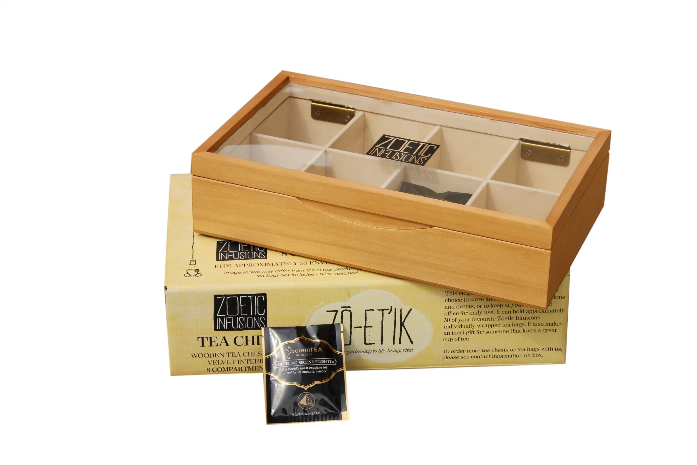 Coffret cadeau en bois doublé de feutre brun clair avec fenêtre, boîtes d'exposition en bois pour le rangement du thé, usine et grossiste de boîtes d'emballage cadeau en bois pour le thé.