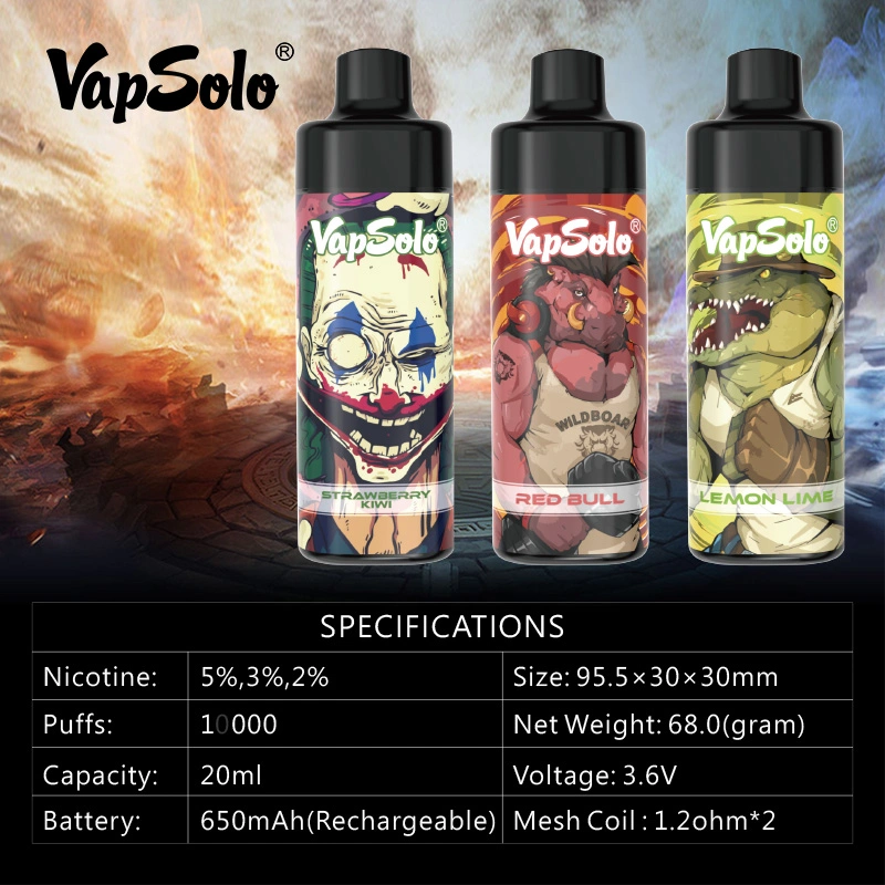 Atacado Big puff 10000 2% 5% NIC Salar Electronic cigarro Vapsolo Homenagem à bobina de malha de 20ml de cobertura Vape descartável de 10K e 650 mAh, fluxo de ar ajustável Caneta de Vape Atacado