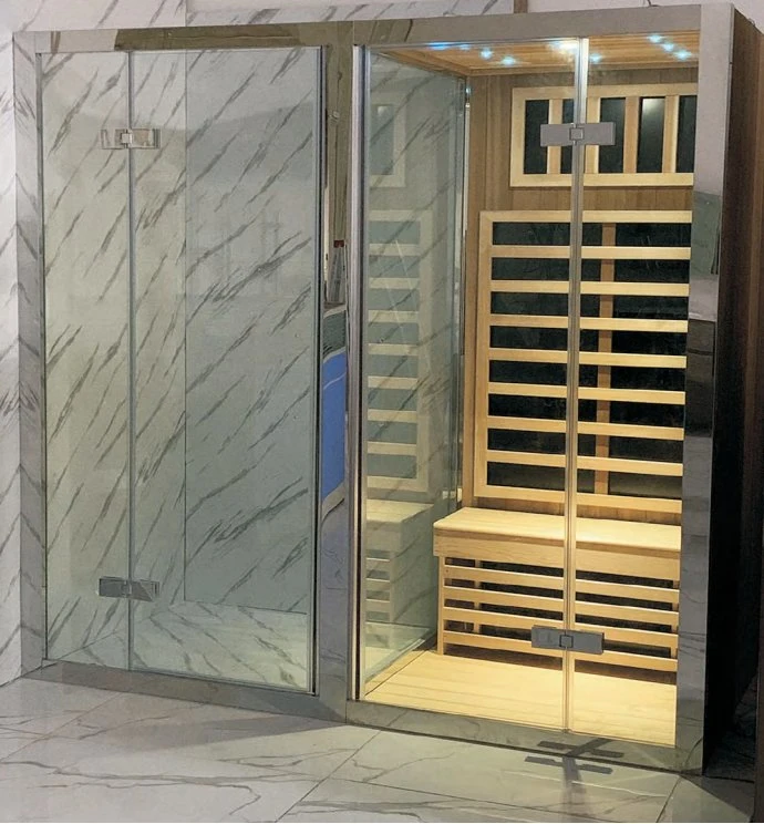 2 Person Wooden Sauna Room Tempered Glass Steam Cabin Combo Multifunctional Shower Room for Garden