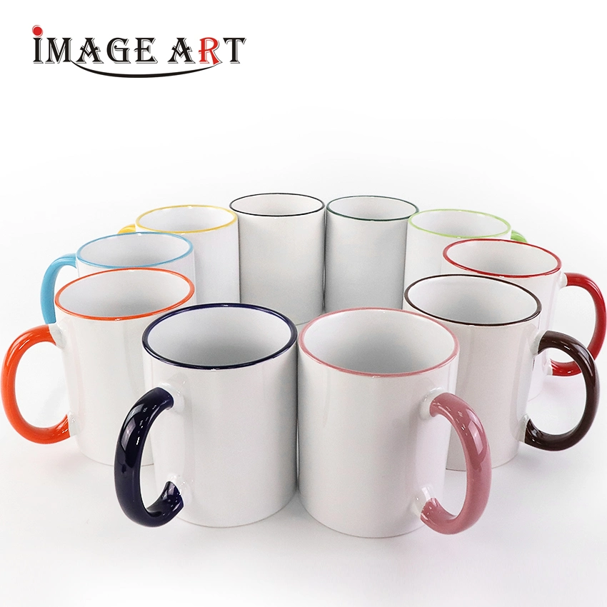 11oz Sublimation Heat Transfer Printing Ceramic Mugs with Rim Color Handle