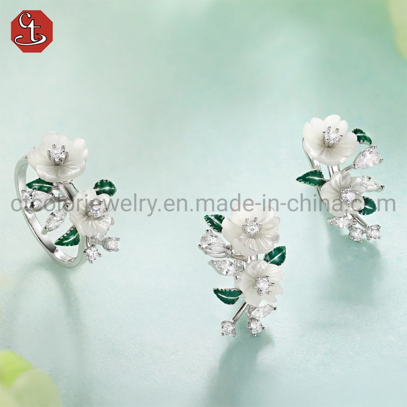 Fashion Design  Accessories 925 Silver Jewelry Shell Floral Green Enamel Leaf Jewelry