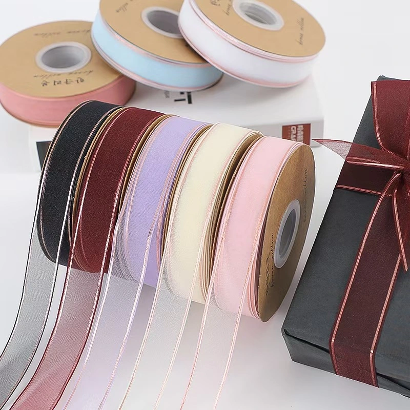 Großhandel OEM / Custom Wired Translucent bunte transparente Gold / Silber Rand Nylon Plaid Organza Band für Kuchen Dekorieren