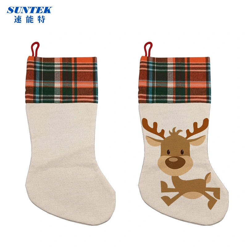 Hot Sale Navidad estocado Colgante Plaid Cuff Sock impresión digital Ropa de cama de Navidad calcetín