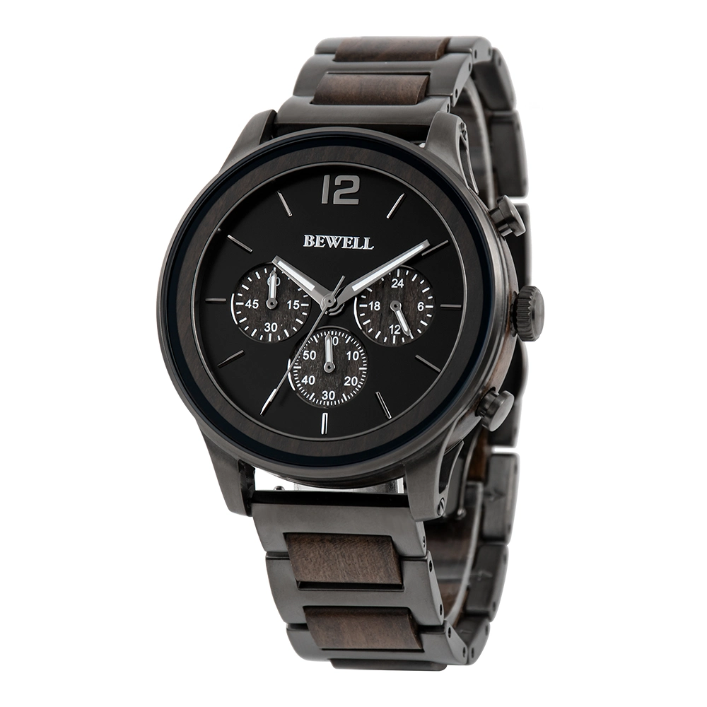 Bewell Mode Acier Inoxydable avec Bracelet en Bois Véritable 3 Couleurs Montre-Bracelet pour Hommes à Quartz