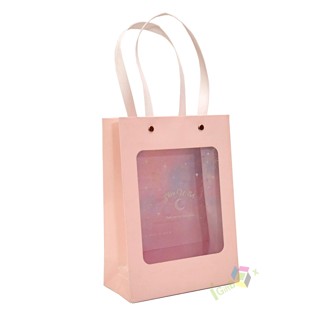 Custom High Quality Luxury Pink Toy Flower Gift Bag with PVC Window