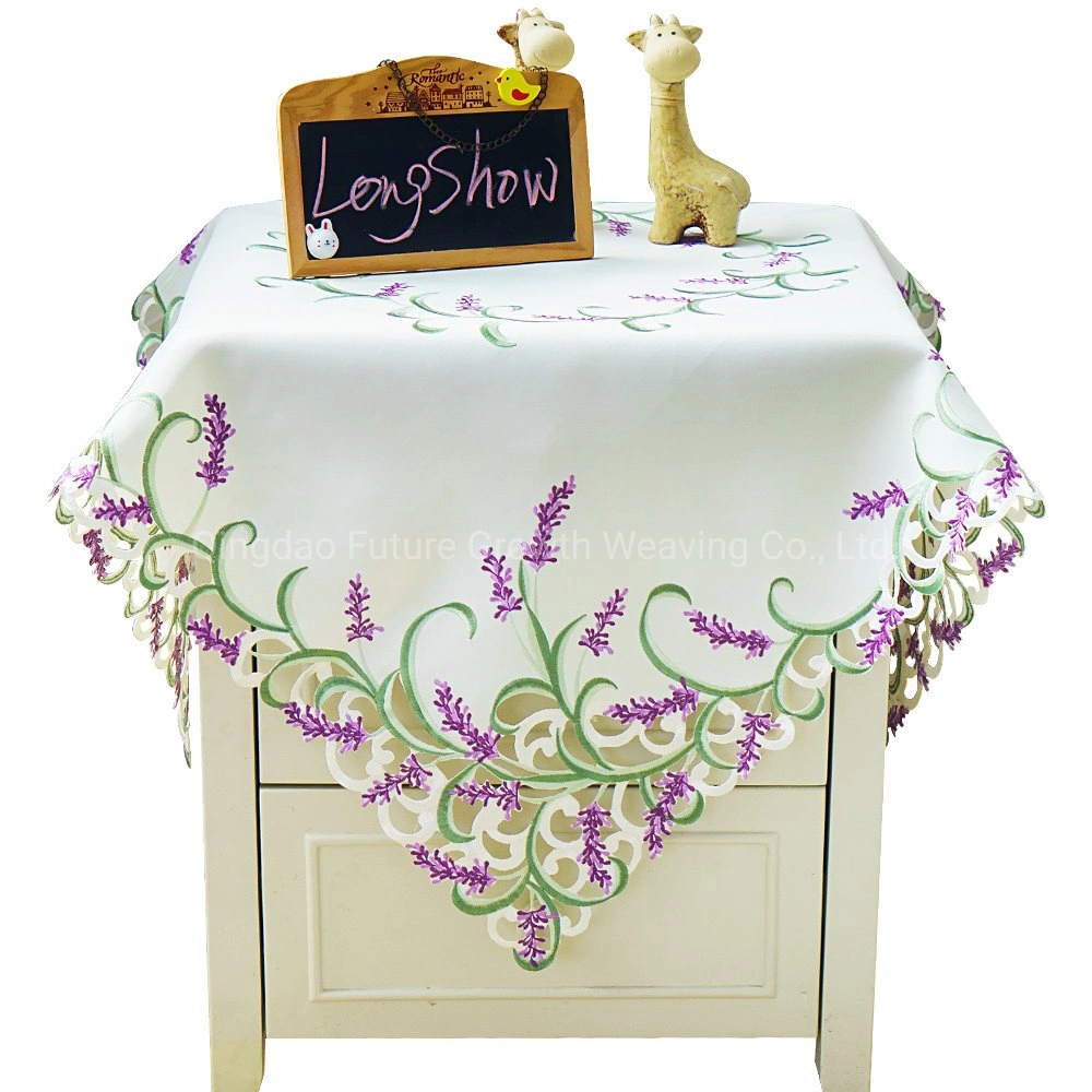 Wholesale/Supplier Decorative Cut Work Satin Lavender Flowers Patterns Square Table Cloth