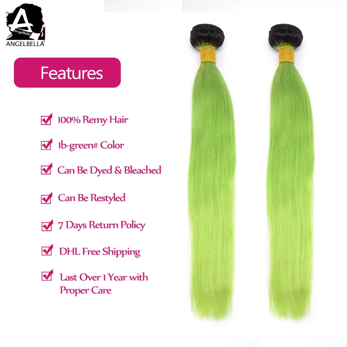 Angelbella Hotsales Human Hair Weft Pink/Green/Purple Chinese Remy Hair Weave