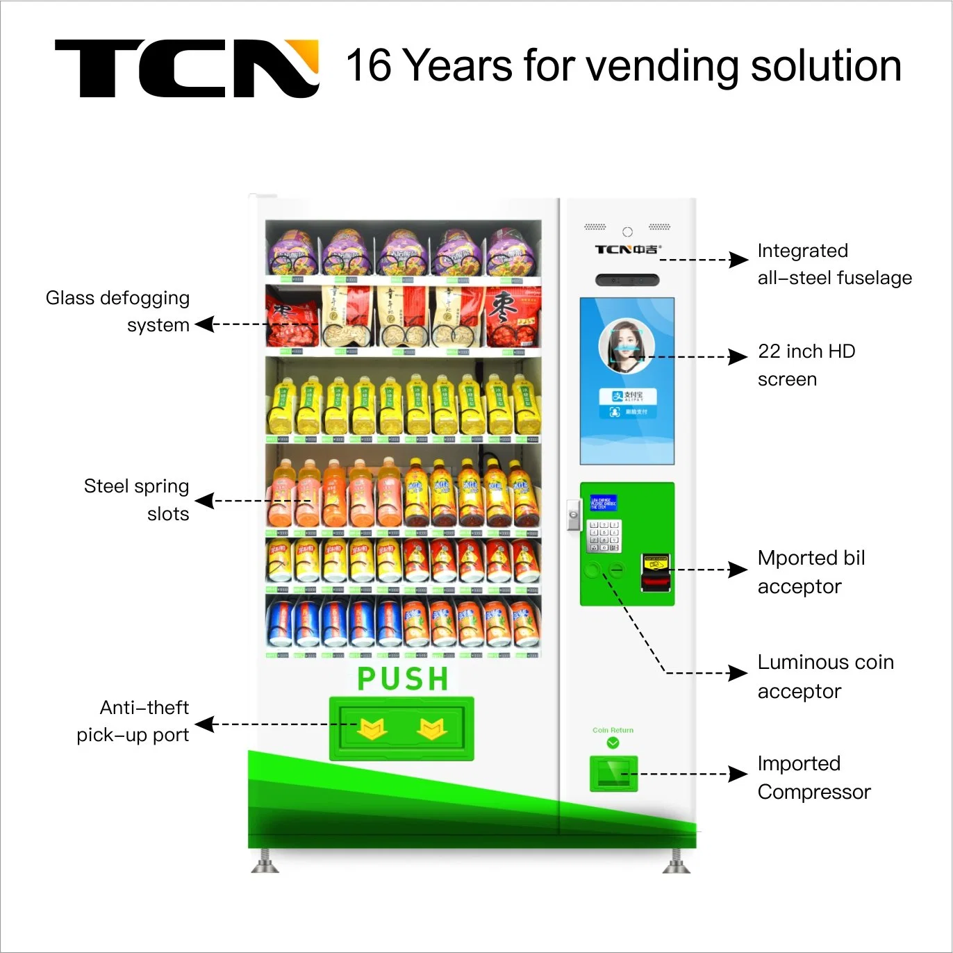 Npt de 22 polegadas de ecrã de publicidade bebida&amp; Snack-máquina de venda automática do sistema de controlo remoto