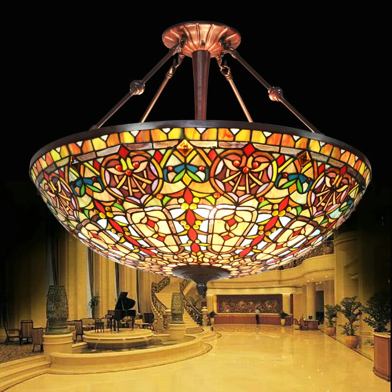 UL Approved 27" Baroque Tiffany Ceiling Pendant Lamp for Hotel Villa with Stained Glass