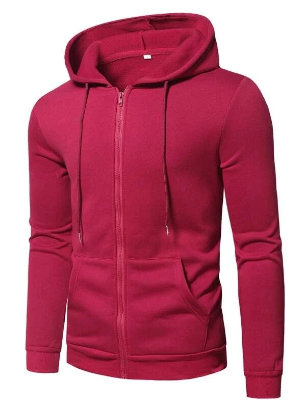 Unisex 100% Polyester Blank Rose Red Plain Zip Casual Hoodies Jacket for Men Zip up Drawstring Thermal Lined Hoodie Jacket