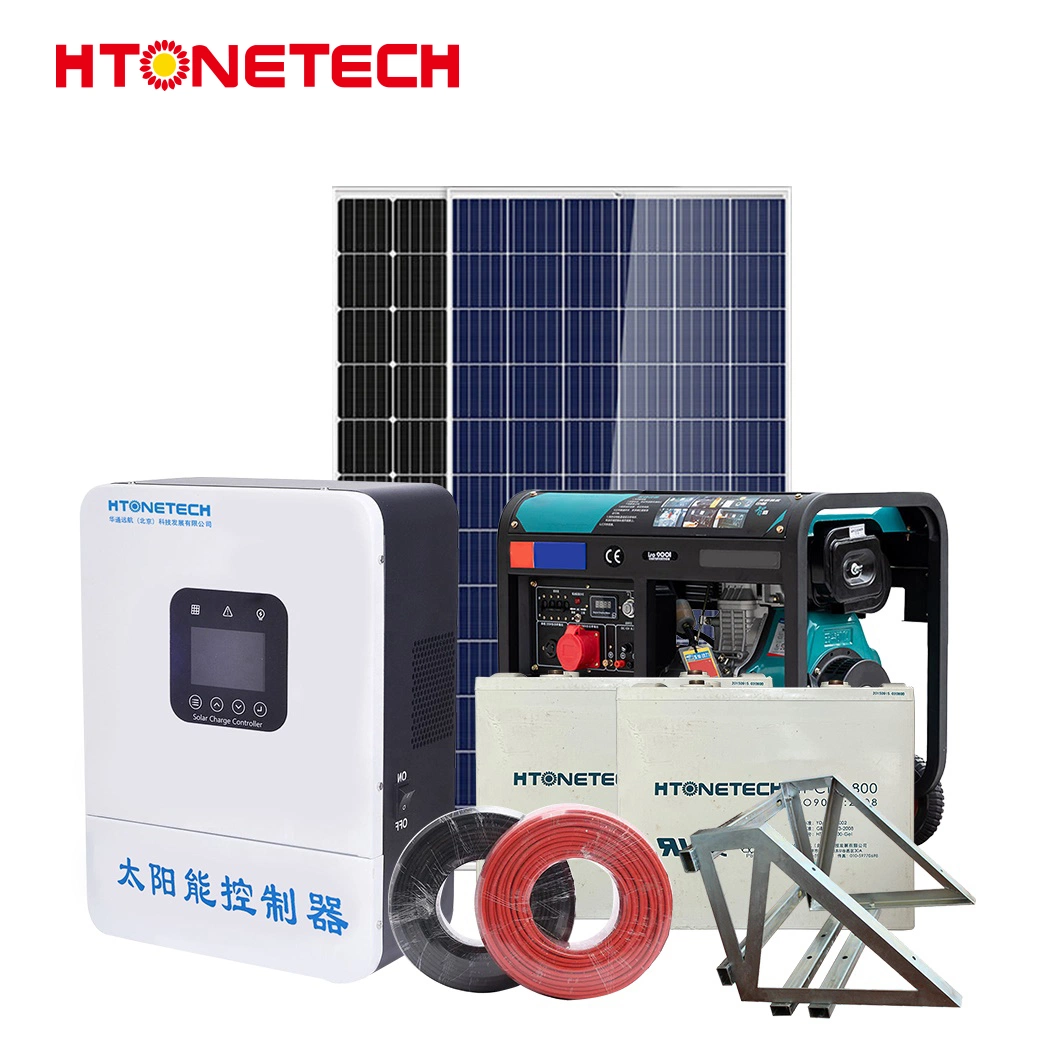 Htonetech 10FT نظام الطاقة الشمسية للحاويات خارج صناعة الشبكات الصين 38kw مولد الديزل التوربيني بالوجه ثنائي الوجه بقوة 600 واط ذو اللوحة الشمسية بقدرة 3 كيلوواط النظام