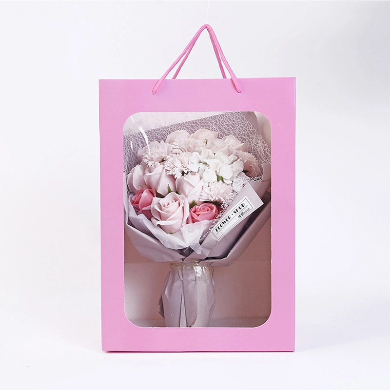 Transparent Window Rose Bouquet Flower Bag Paper Packaging/Flowers Doll Shopping Gift/Custom Logo Cheap Carry Paper Bag