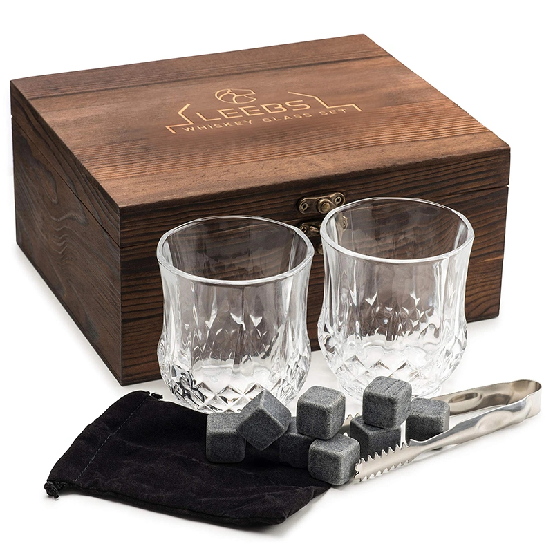 Premium Whisky Gift Set Wine Box with 2 Large Whiskey Cups / 8 Whiskey Stones / Pliers / Velvet