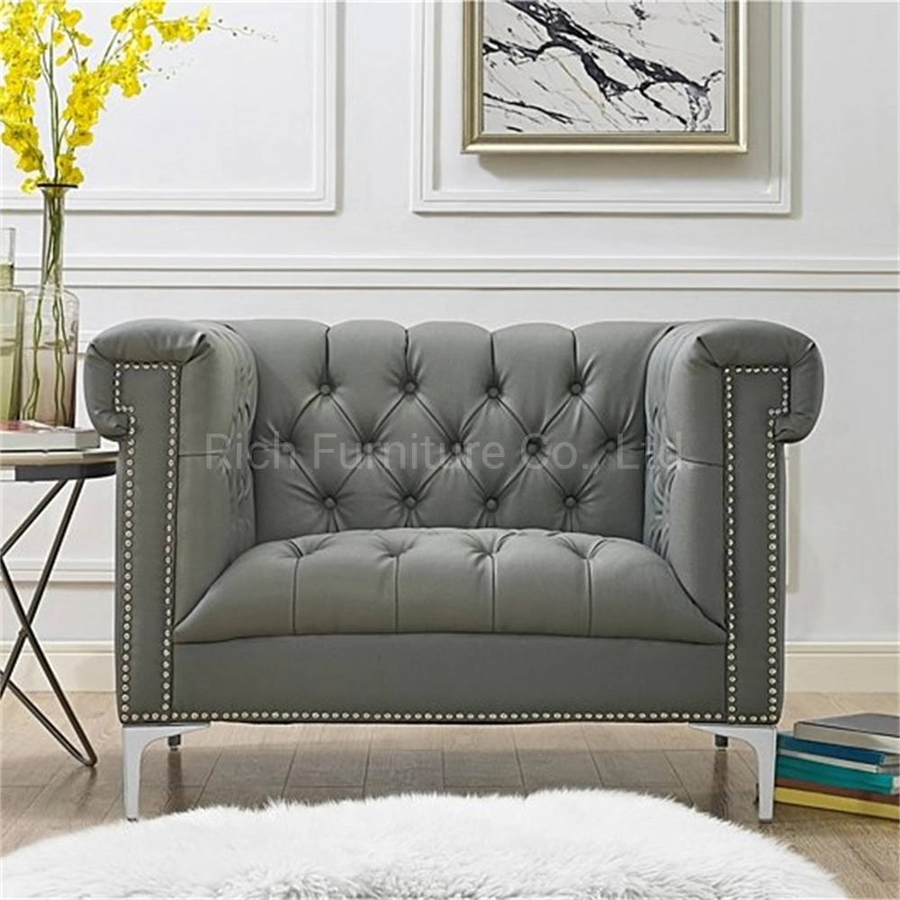 Sofás seccionales tapizados modernos de estilo retro de cuero gris Sillón Chesterfield sofás para la venta