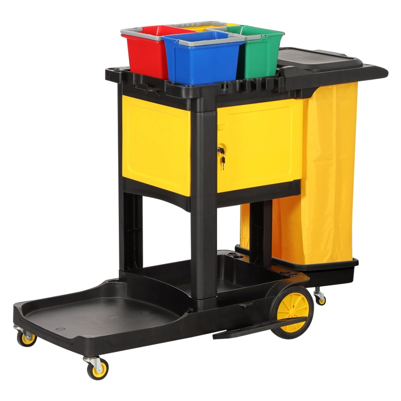High Quality Plastic Hotel Housekeeping Cleaning Trolley Cart Service Carts with Bucket